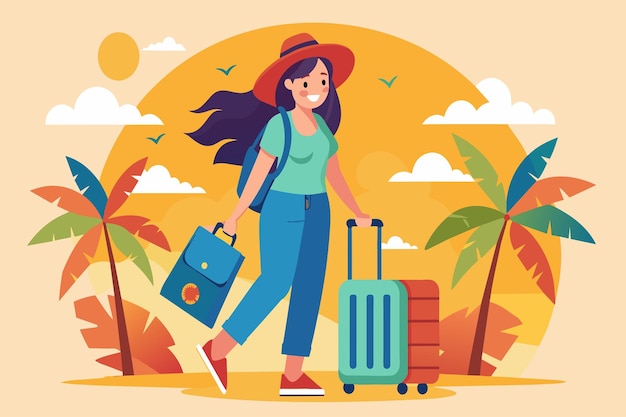 Vector woman travels with suitcase and carryon amidst palm trees