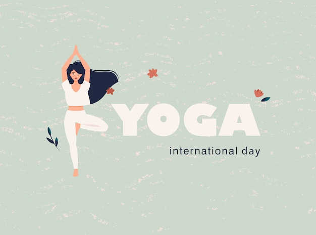 Woman in Tree pose and text International yoga day