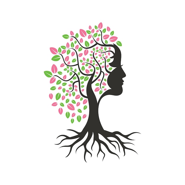 Disegno del modello vettoriale dell'albero della donna disegno vettoriale della foglia del volto della donna