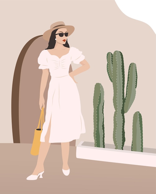 Vector woman in tropical scene with cactus