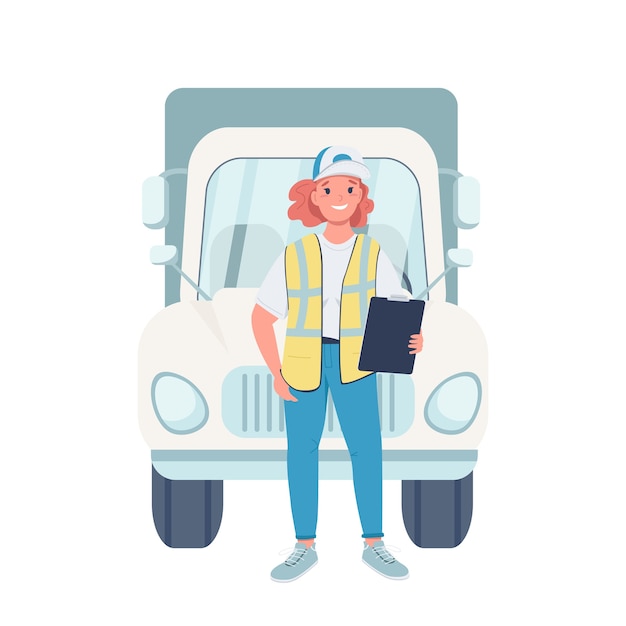 Carattere dettagliato di colore piatto autista di camion donna. parità di genere sul posto di lavoro. allegro camionista femmina con illustrazione di cartone animato veicolo isolato per web design grafico e animazione