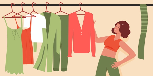 Woman trying to choose outfit clothes on wardrobe in morning girl deciding what to wear