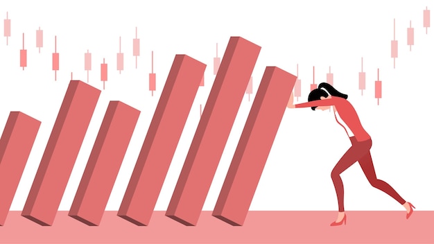 Женщина пытается подтолкнуть падающую полосу графика из-за рыночного кризиса, векторной иллюстрации глобальной рецессии