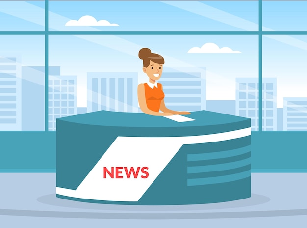 Woman TV Reporter at Desk in Studio Announcing the News Vector Illustration