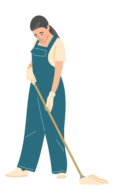 A woman in uniform does the cleaning washes the floor