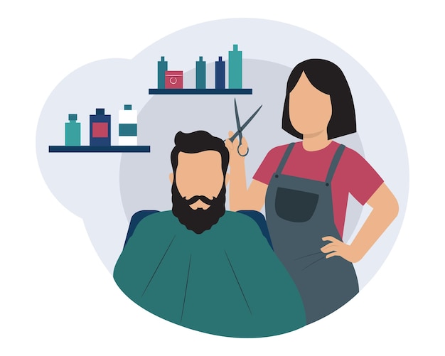 Vector woman in uniform holding scissors and doing haircut to man