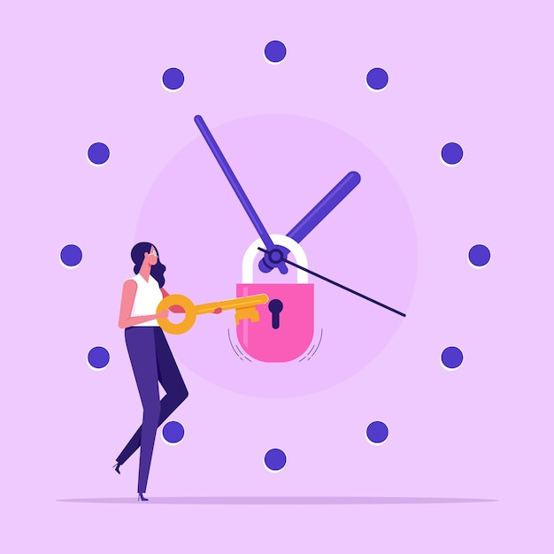 Vector woman unlocking a clock time management concept effective planning for productive work deadline