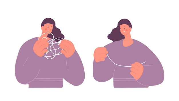 Woman unravels puzzle Tangled mind mental problems solution Angry adult with tangle and happy with simple line mindfulness self care vector concept