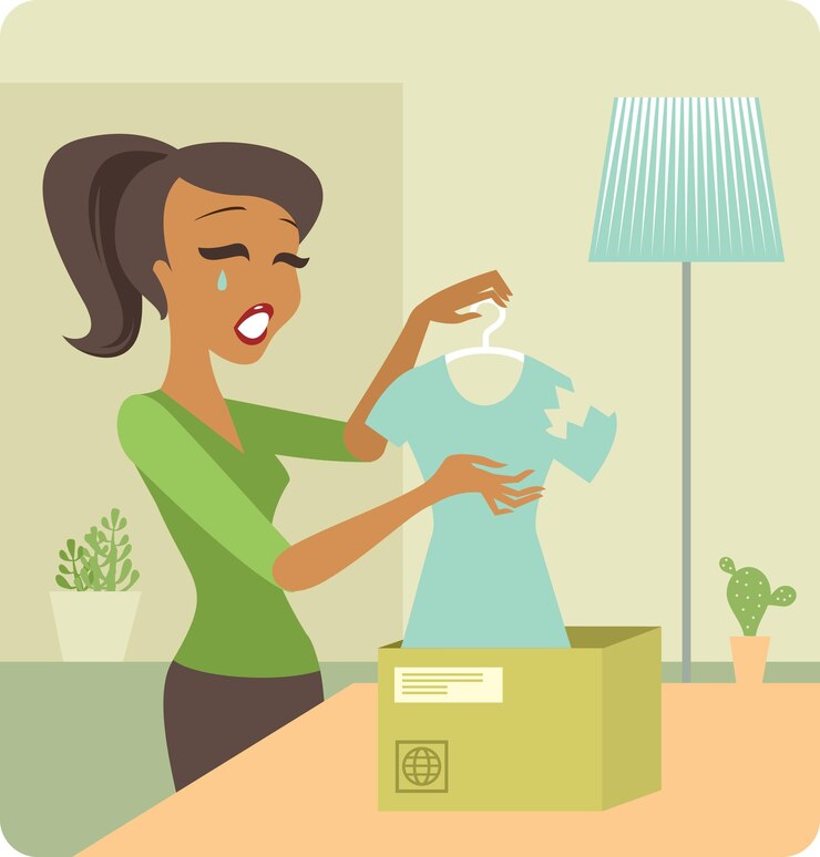 वेक्टर woman upset by a parcel with defective goods