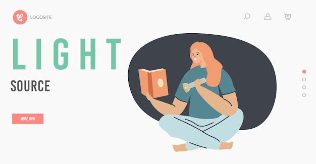 Woman use flashlight as source of light landing page template. female character reading book in darkness use flashlight. home recreation, leisure, portable illumination. cartoon vector illustration