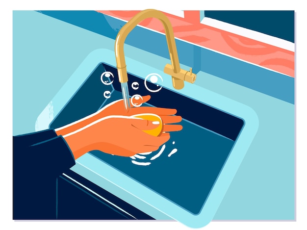 Вектор Женщина использует мыло и моет руки под краном