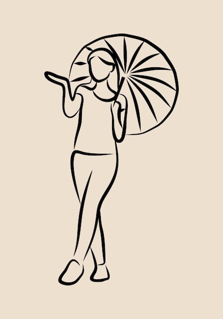 Woman use umbrella line art silhouette