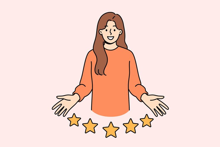 女性ユーザーは会社に5つ星の評価を与えスクリーンを見ながら微笑んでいます