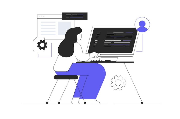 Vector woman uses laptop to work and access global internet wireless technology concept vector abstract