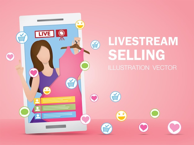 Vector the woman uses live streaming to sell her product livestream selling illustration vector