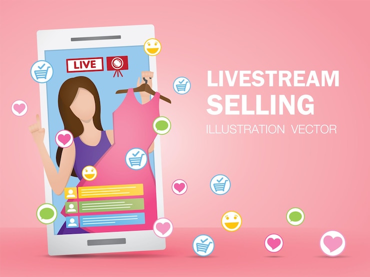 Vector 여성은 라이브 스트리밍을 사용하여 일러스트레이션 벡터를 판매하는 라이브스트림 제품을 판매합니다.