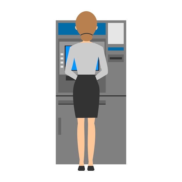 Женщина использует банкомат. вид со спины. плоский дизайн. векторная иллюстрация.