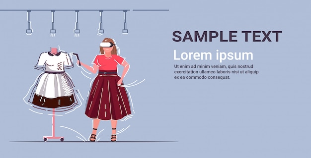 3d 안경을 사용하는 여성 의류 매장 온라인 쇼핑 증강 기술 개념 전체 길이 가로 복사 공간에서 가상 현실 헤드셋 선택 드레스를 경험하는 컨트롤러 소녀