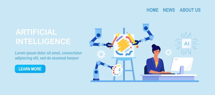 Вектор женщина использует технологию искусственного интеллекта на компьютере, чтобы создать потрясающие произведения искусства искусственный интеллект генерирует произведения искусств робот-рука создает картины, управляемые компьютерным алгоритмом