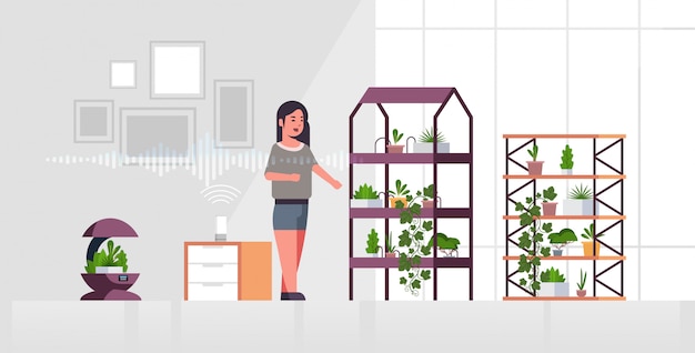 Vector woman using auto watering system controlled by smart speaker