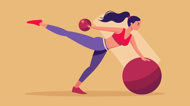 Женщина использует мяч для балансировки, чтобы укрепить основные мышцы, одновременно выполняя удары
