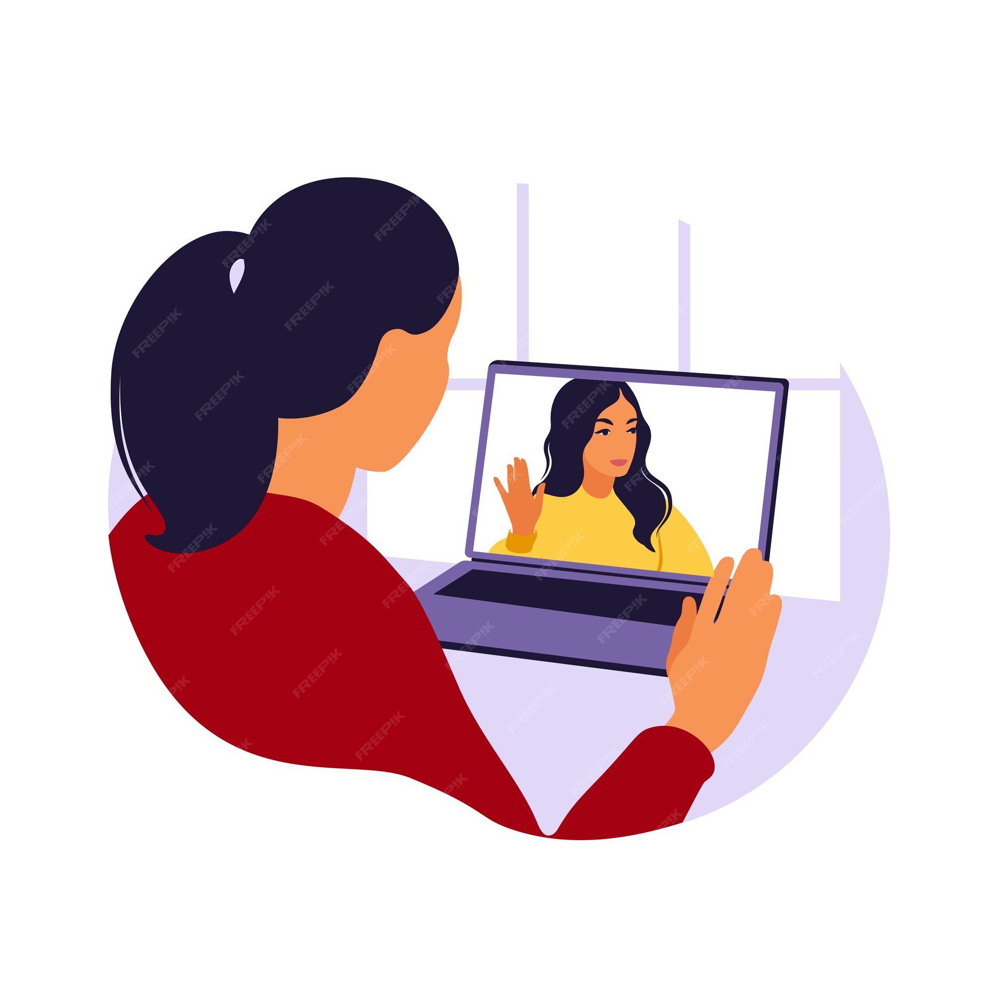 Girl friends chat online. Girl sitting laptop and speaks with friend.  3483454 Vector Art at Vecteezy