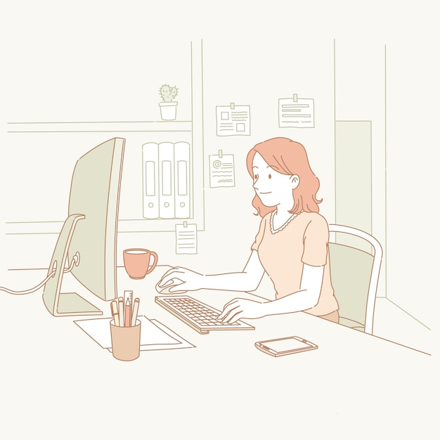 線のスタイルで彼女の職場でコンピューターを使用している女性