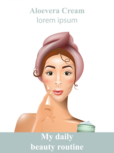 Vector woman using cream lotion on face