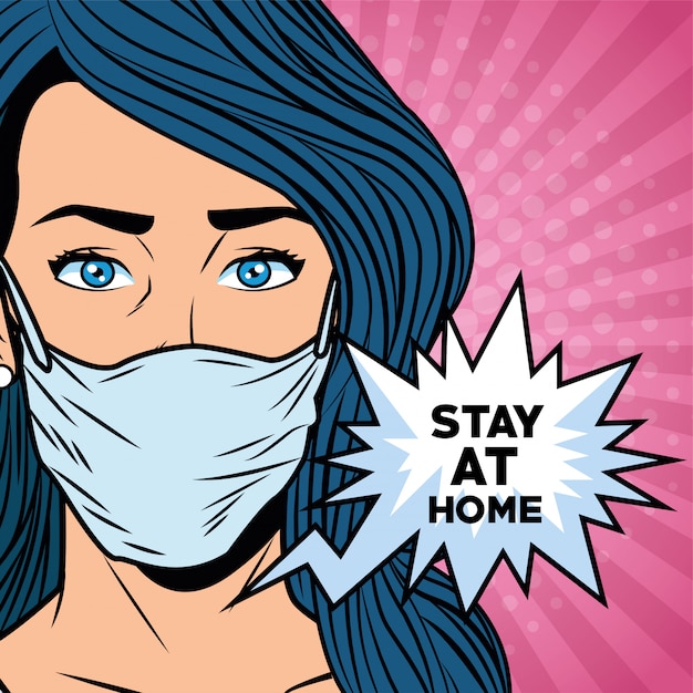 Woman using face mask for covid19 saying stay at home