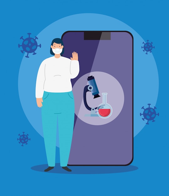 Donna che utilizza maschera per il viso e smartphone con particelle 2019-ncov