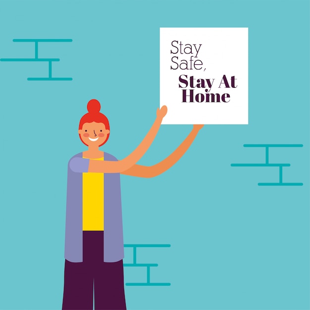 woman using face mask with stay at home placard 
