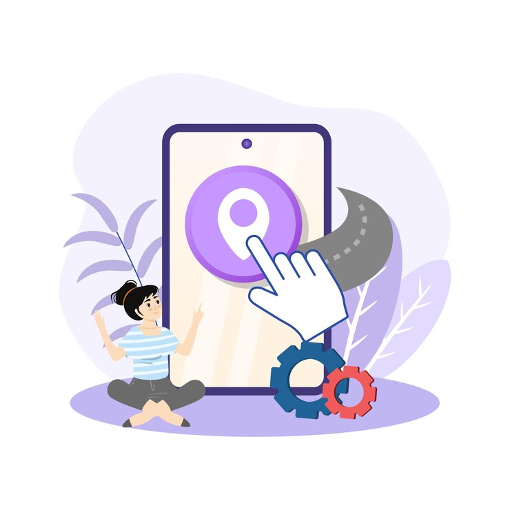 Vector woman using gps navigation app on smartphone for route