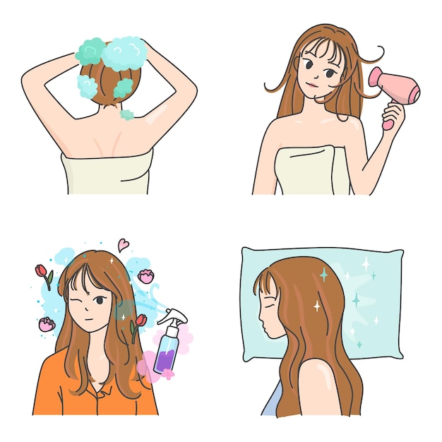 Женщина, использующая средства по уходу за волосами после мытья головы шаг каваи каракули плоский мультфильм векторные иллюстрации