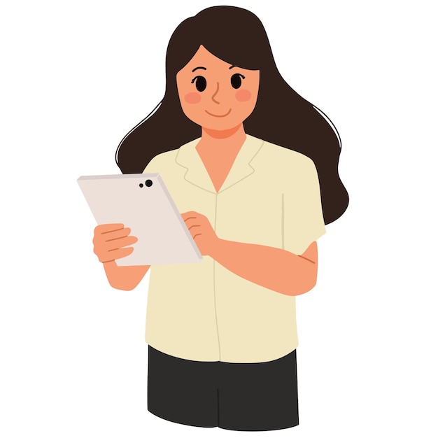 Vector woman using ipad standing working illustration