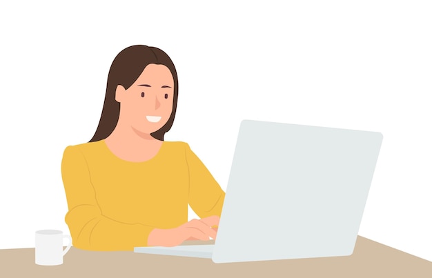 Vector woman using laptop computer and sitting by the table