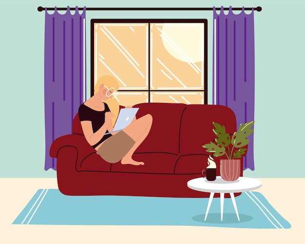 Donna che utilizza computer portatile seduto sul divano in soggiorno, lavoro a casa illustrazione