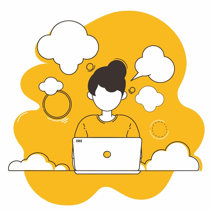 Vector woman using laptop with thought bubbles