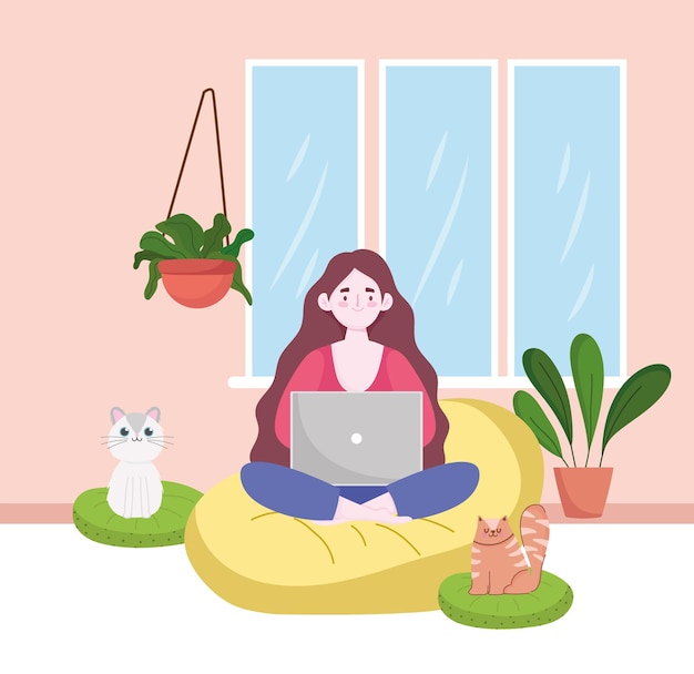 Woman using laptop working, home office with cats and plants home office  illustration