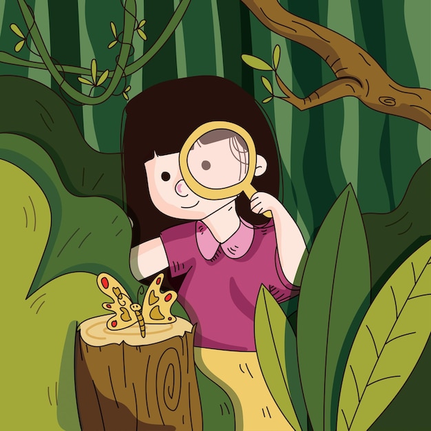 Vector a woman using magnifying glass looking at a butterfly on the log in the garden forest jungle flat vector illustration background