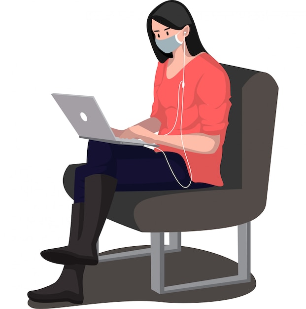 A woman using medical mask listening music from her laptop