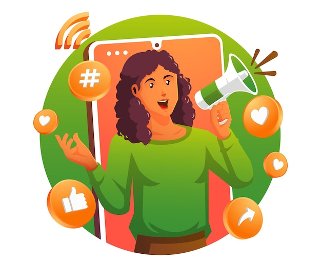 Vector woman using megaphone concept of internet promotion, social media marketing, digital advertisement