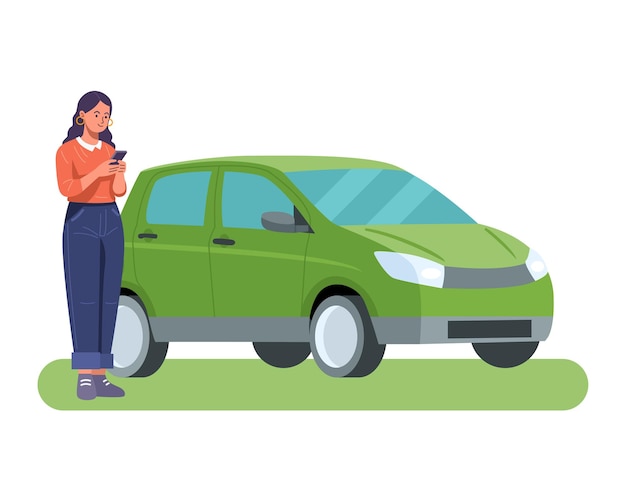 Donna che utilizza l'app mobile per il parcheggio a pagamento o l'illustrazione del car sharing