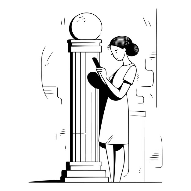 Vector woman using mobile phone and standing near column in sketch style