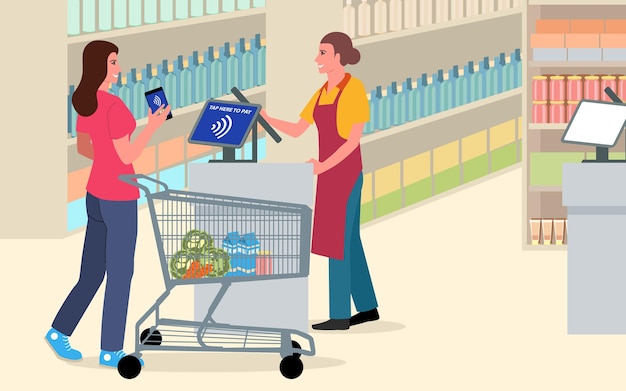 Woman using NFC technology to pay for her shopping at the supermarket It conveys the ease and speed of cashless transactions in today's digital age