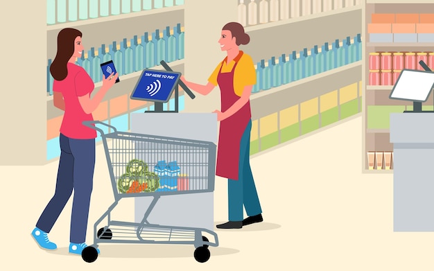 Vettore donna che usa la tecnologia nfc per pagare i suoi acquisti al supermercato trasmette la facilità e la velocità delle transazioni senza contanti nell'era digitale di oggi