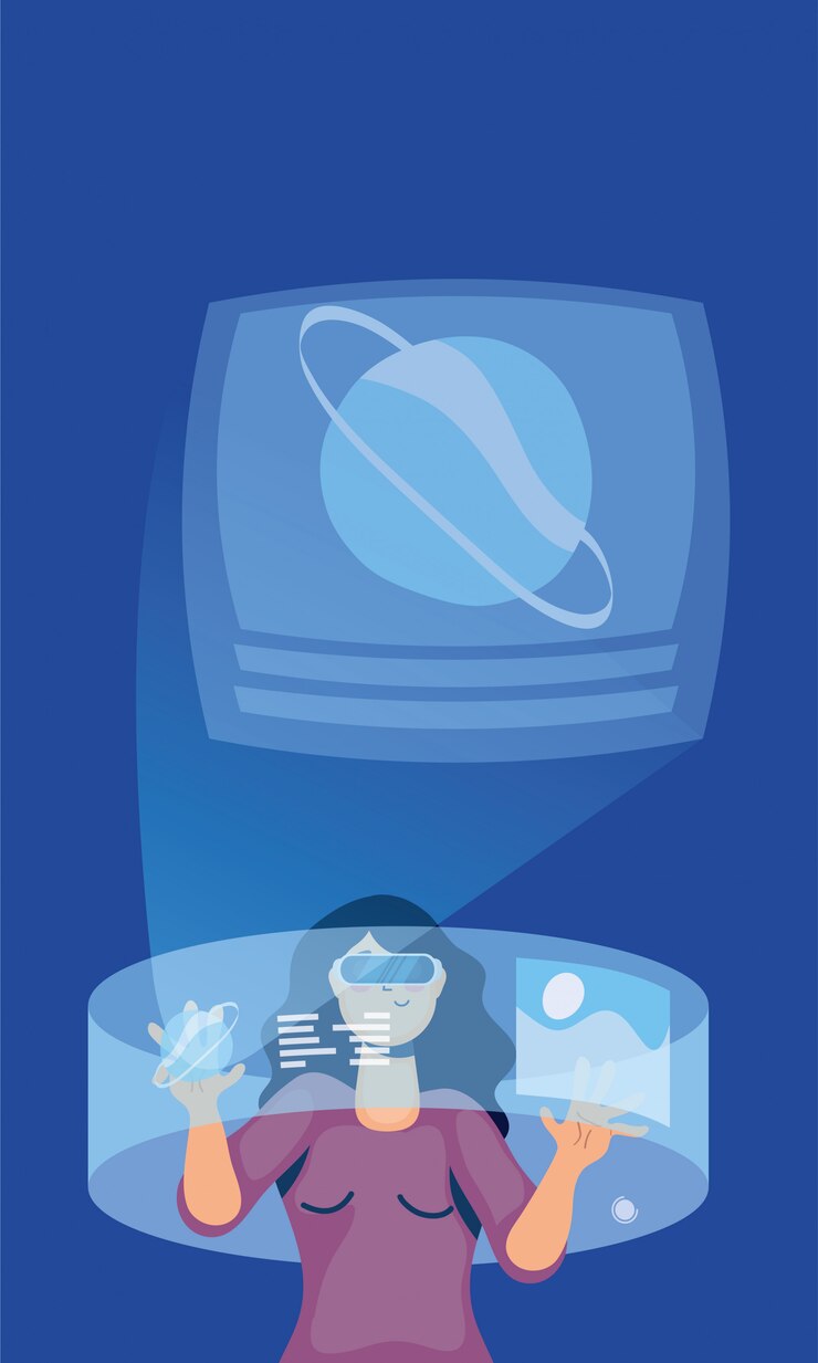 Vector woman using reality virtual tech in interactive display