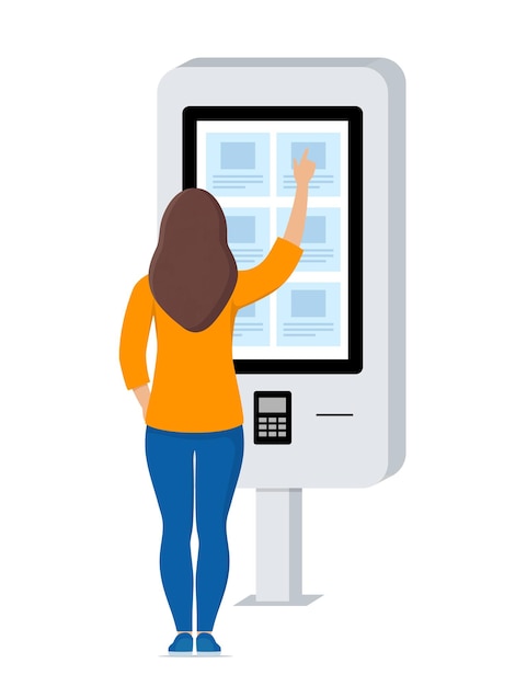Vettore donna che utilizza il pagamento self-service e il terminale elettronico delle informazioni con touch screen
