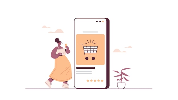 Vector woman using smartphone buying things in online store sale consumerism online shopping ecommerce smart purchasing