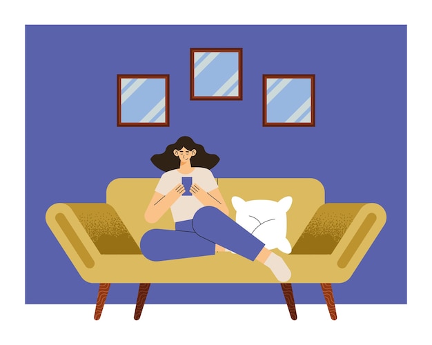 Vector woman using smartphone in livingroom