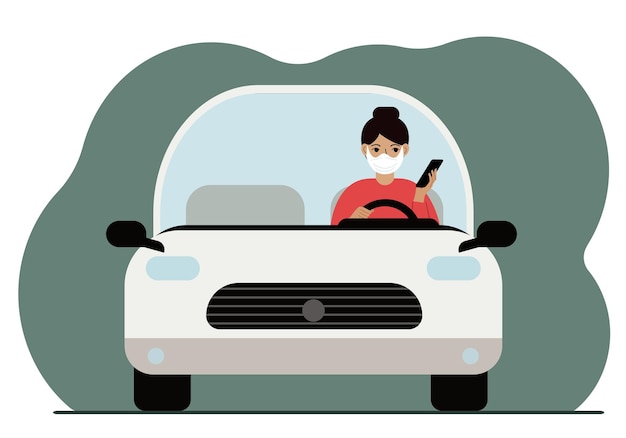 Donna che utilizza smartphone durante la guida di un'auto. autista con mascherina medica. pericolo di guida. piatto vettoriale